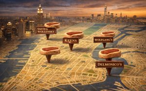 Four top NYC steakhouses marked on a Manhattan map at sunset.