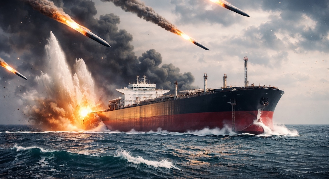 Cargo ship in rough seas hit by missiles, explosions and smoke rise.