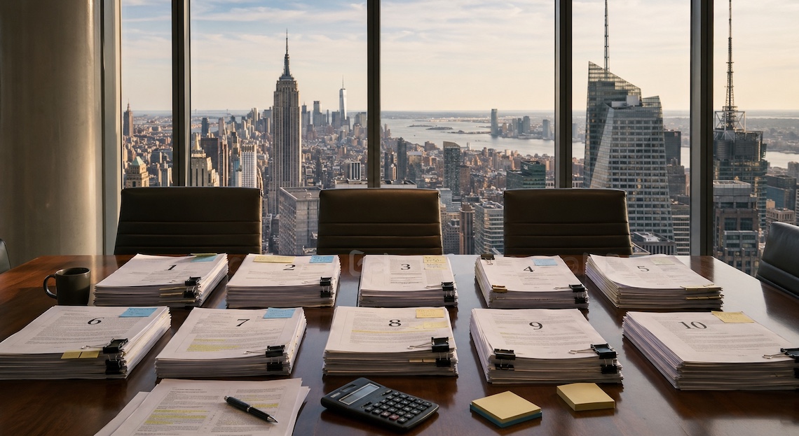 Conference table with documents and coffee, NYC skyline and Empire State visible.