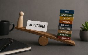 Balance scale with "NEGOTIABLE" and office lease blocks, notebook, mug, plant.