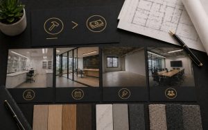 Desktop with blueprints, fabric samples, office photos, plant, and icons.