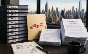 Desk with Manhattan office leases, “Confidential” folder, charts, coffee, city skyline in background.