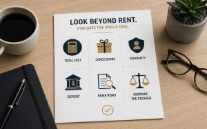 Flyer: "Look Beyond Rent." Six key Manhattan lease factors; coffee, glasses, notebook, and plant shown nearby.