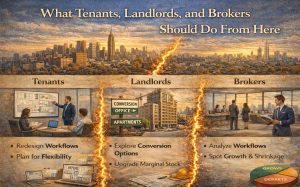 Three-part illustration: tenants, landlords, brokers; city skyline; lightning; Manhattan office demand.