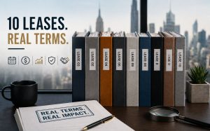 Binders on Manhattan office leases line a desk with office items; papers say “REAL TERMS. REAL IMPACT.” City skyline outside window.