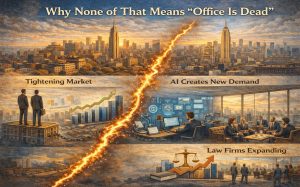 City skyline split—left: rising office demand; right: AI, law firms grow.