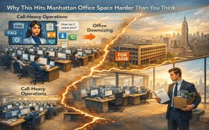Busy call center vs empty Manhattan offices, "For Lease" signs, man with box.