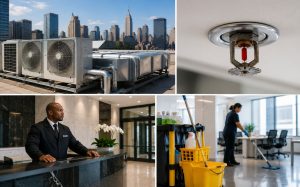 Collage of skyscrapers, HVAC, fire sprinkler, desk receptionist, and janitor mopping where utility charges apply.