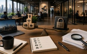 Modern office desk with laptop, notebook, coffee mug, and scales holding tech and padlock blocks for balance of tech and security.