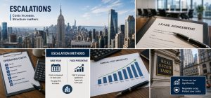 Collage: NYC skyline, lease, taxes, charts of rising costs, note on cost caps.