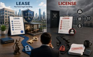 A man choosing between a bright “Lease” side and a dark “Coworking License” with a “Terminated” sign.