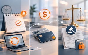 Triptych: calendar and laptop; credit cards and dollar sign; legal scales, documents, gavel, padlock for coworking license security.