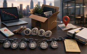 Desk with personal items in a box, downward graph, checklist, files, and map pin suggesting job loss or relocation.