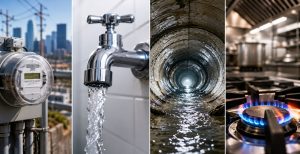 A collage of a city electric meter, water faucet, sewer tunnel, and gas burner.