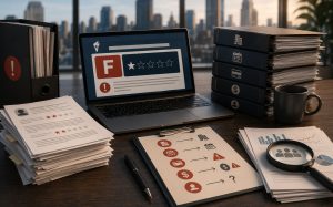 Desk with coworking license papers, laptop shows low rating, city view.