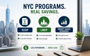NYC programs to lower electric bills: ECSP, LMEP, Smart Usage. City skyline in background.
