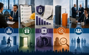 Business collage: meetings, graphs, checklists, buildings, lock, vault, and team icons in city offices.