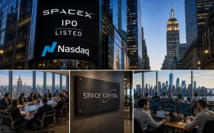 Collage with SpaceX IPO on Nasdaq, city skyscrapers, and office scenes.