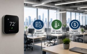 Modern office with smart thermostat and icons; city skyline seen through large windows.