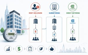 Infographic of 3 utility billing types with icons, flowcharts, NYC bill meter, and cityscape.