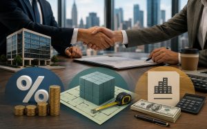 Two professionals shaking hands over a desk with paperwork and coins graphics.