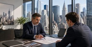 Two businessmen discuss architectural plans at a desk in a modern office with city skyline views. Laptop and documents are on the desk.