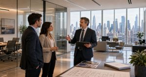 Three professionals discuss in a modern office; tablet and blueprints visible.