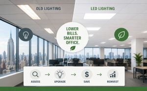 Office city view shows old vs. LED lighting, with icons for assess, upgrade, save, reinvest; text notes lower NYC electric bill.