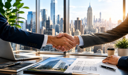 Two brokers in suits shake hands over building plans, city skyline visible.
