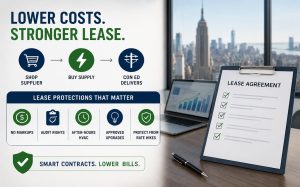 Lease agreement with checkmarks on desk, laptop, NYC bill, city view.