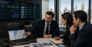 Three brokers at a Manhattan table with a map on a laptop and city views.