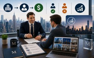 Two businessmen in a high-rise office discuss real estate fees, documents, and view building images on a laptop.