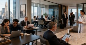 People work in a Manhattan office; doctor stands right, brokers enter.