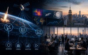 Composite image: rocket launch, satellites, NYC office, icons for tech/business.
