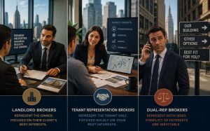 Three panels: brokers with clients and phone; text on broker types, fees.