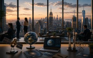 NYC office with large windows, sunset skyline, desk with globe, rocket models, laptop, people working in background.