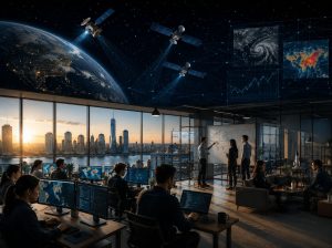 NYC office with people at computers, digital overlays show data, tech, and global charts.
