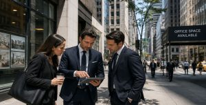 Three professionals in suits view a tablet on a Manhattan sidewalk; office buildings and "Office Space Available" sign visible.