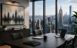 Modern office meeting room with large windows, city view, table, chairs, laptop, and coffee mug.