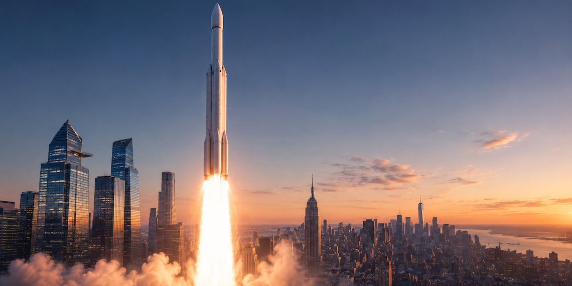 Rocket launches above New York skyline at sunrise with glowing skyscrapers.