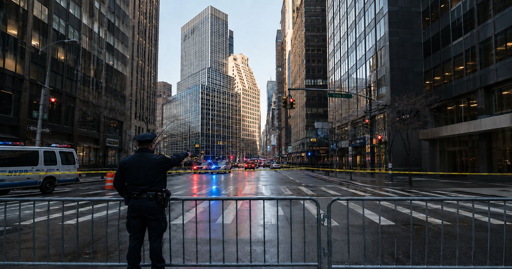 Police officer by barricade, police cars ahead on closed city street.