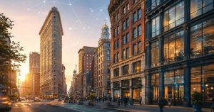 Flatiron Building at sunset, city street, people, and network lines.