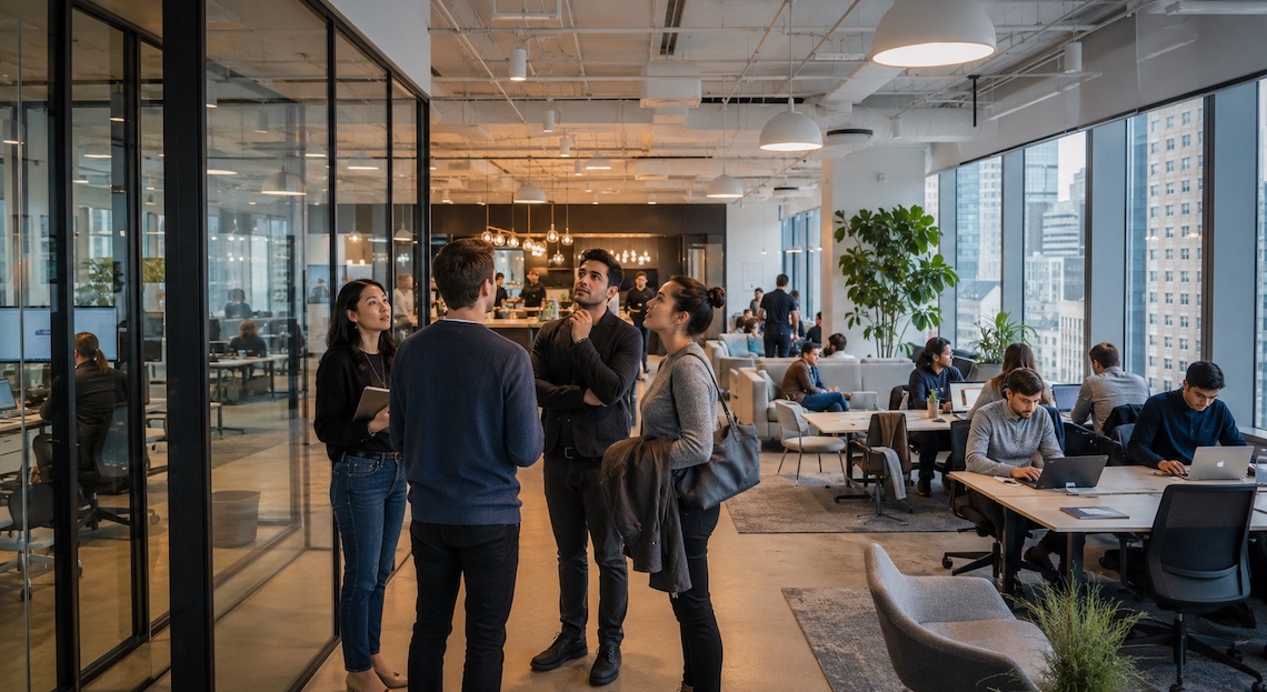 Modern New York office with glass walls, people talking and working.