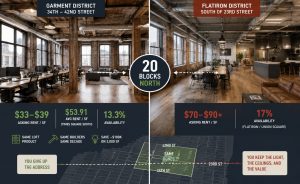 Split graphic: Garment vs Flatiron District office rates and stats.