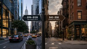 NYC street view with price signs, Flatiron office, Empire State Building.