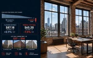 Infographic on NYC district rents and Flatiron office with skyline view.