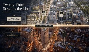 Aerial view map of Flatiron District office space, NYC, with icons.