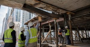 Four construction workers inspect a steel beam at a city building site.