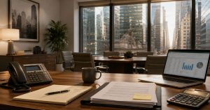 Office desk with laptop, coffee mug, and city view through windows.