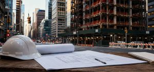 White hard hat, blueprints, and notepad on table at city site.